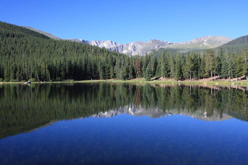 Serene mountain lake reflecting trees and sky.