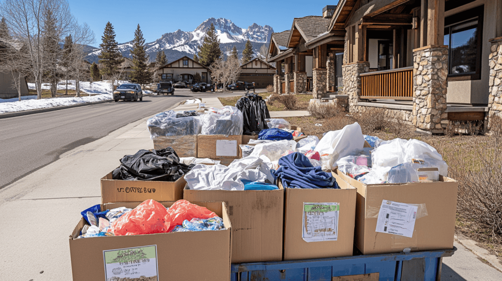 Donated items in boxes on suburban street.