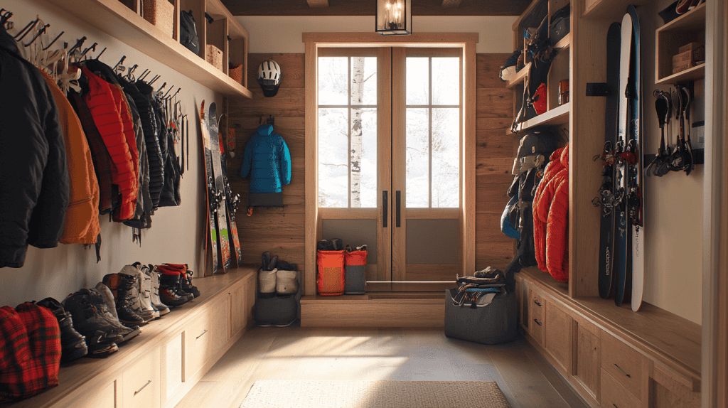 Ski lodge entryway with gear and winter coats