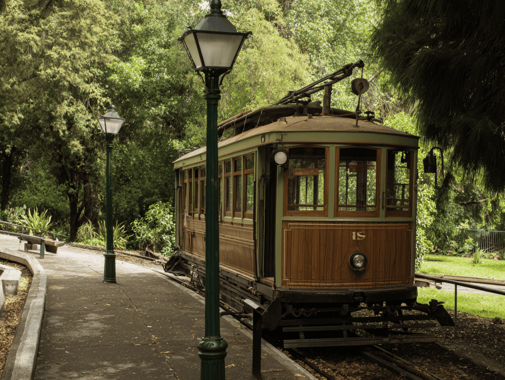 Vintage tram on a leafy track with lampposts.