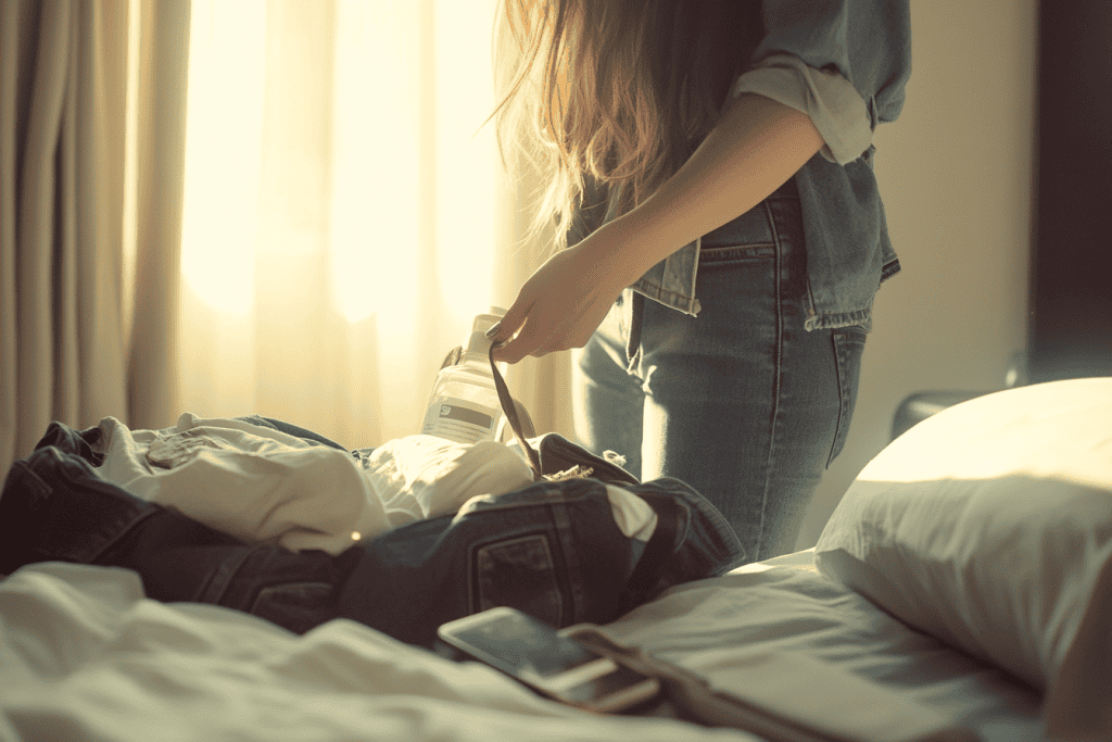 Person packing clothes and bottle in travel bag.