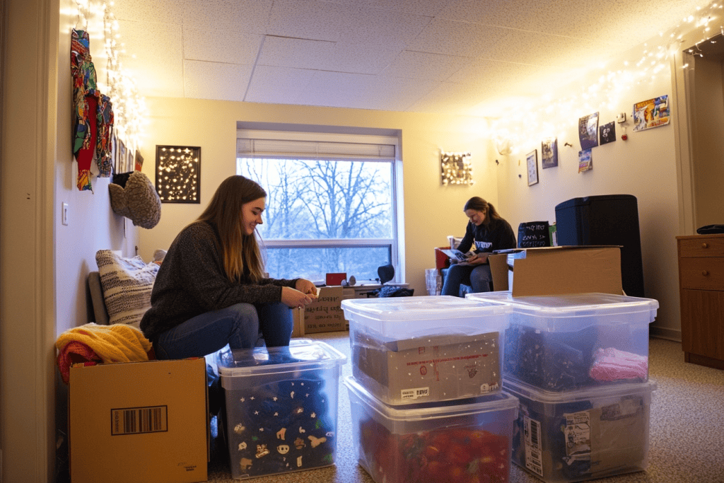Two people organizing boxes in a cozy room.