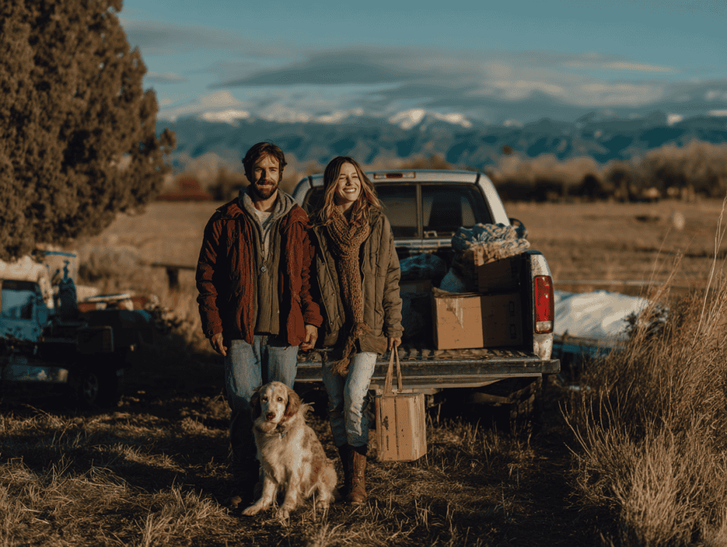 Couple with dog near parked truck in countryside.