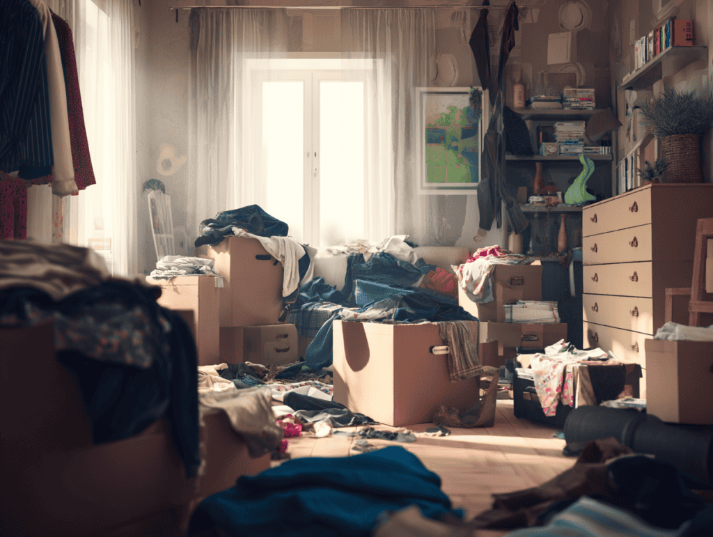 Cluttered room with boxes and scattered clothes, needing last minute packing tips
