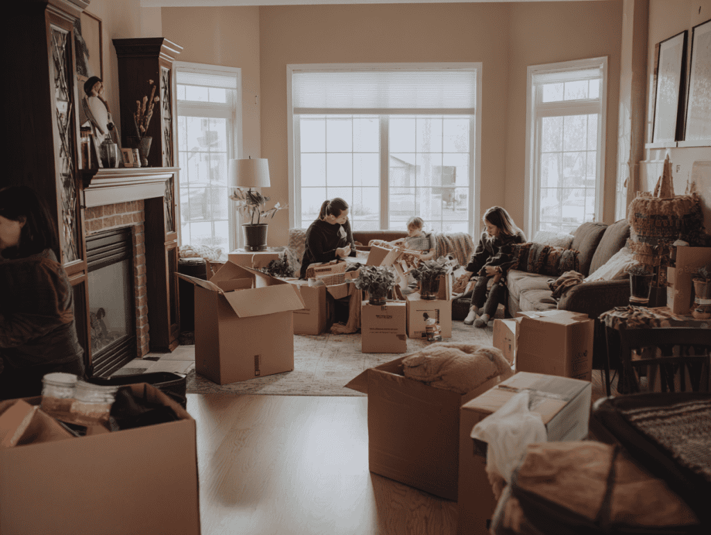Family opening boxes in living room