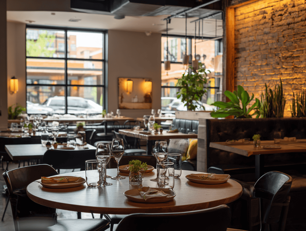 Cozy modern restaurant interior with tables and natural light.
