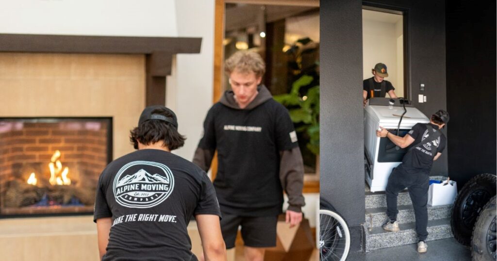 Movers carefully lifting appliance indoors.