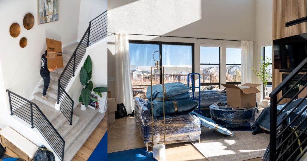 Person carrying boxes upstairs; packed furniture in living room.