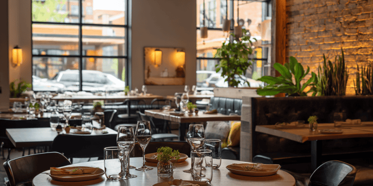 Cozy modern restaurant interior with tables and natural light.