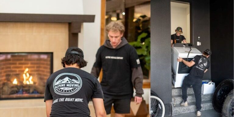 Movers handling appliances and working indoors.