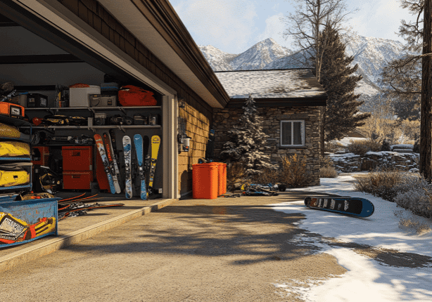 Garage with skis, snowboards, mountain view
