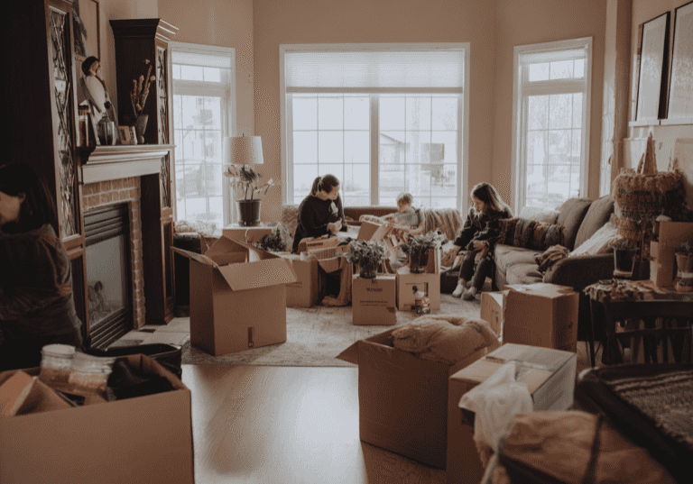 Family opening boxes in living room