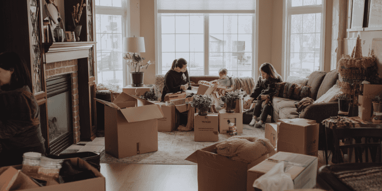 Family opening boxes in living room