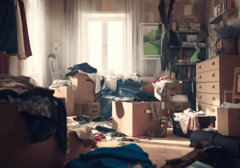Cluttered room with boxes and scattered clothes, needing last minute packing tips