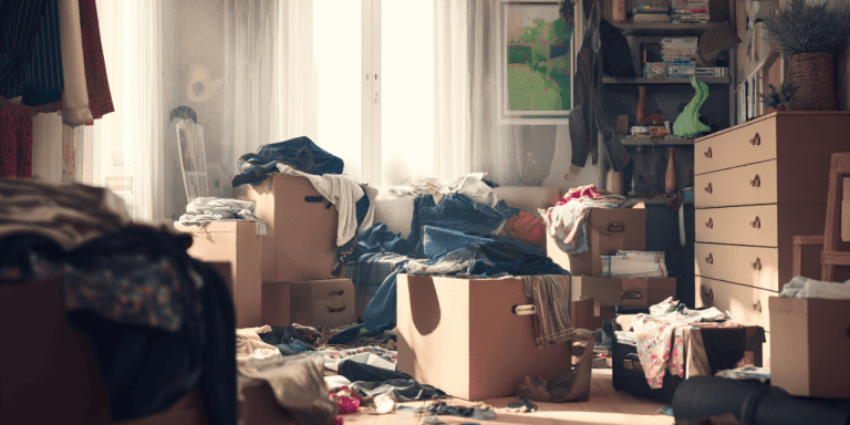 Cluttered room with boxes and scattered clothes, needing last minute packing tips
