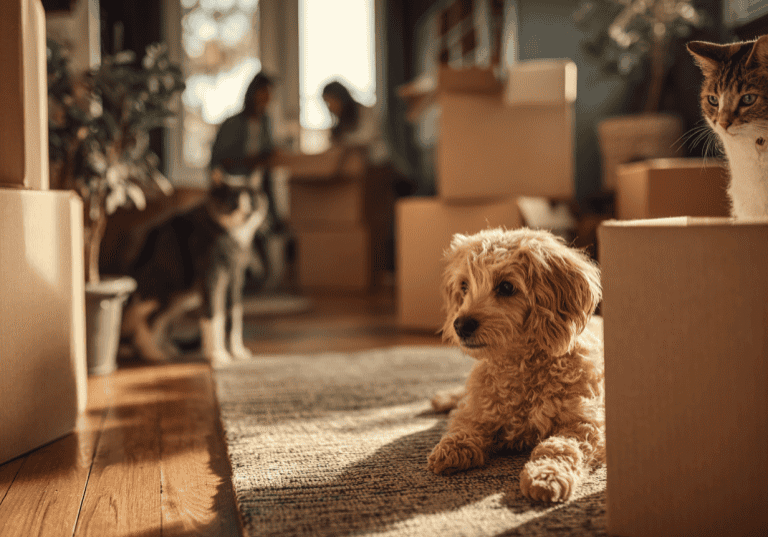 Dogs and cats with packing boxes in sunny room