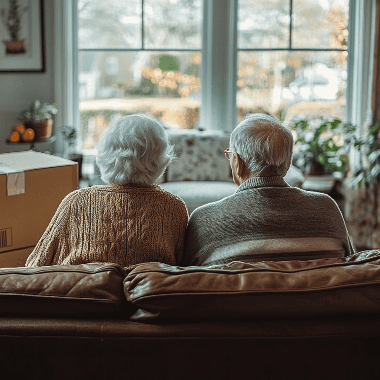 Elderly couple sitting on couch, moving box nearby.