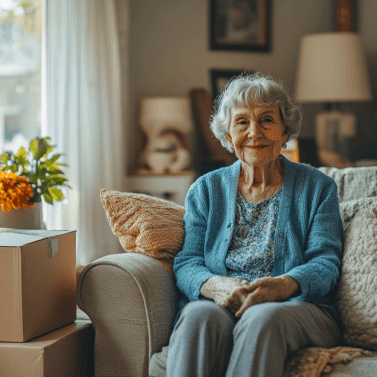 senior moving services woman on couch