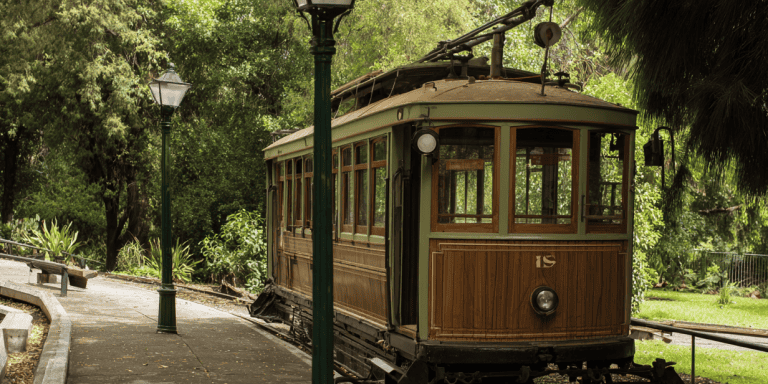 Vintage tram on a leafy track with lampposts.